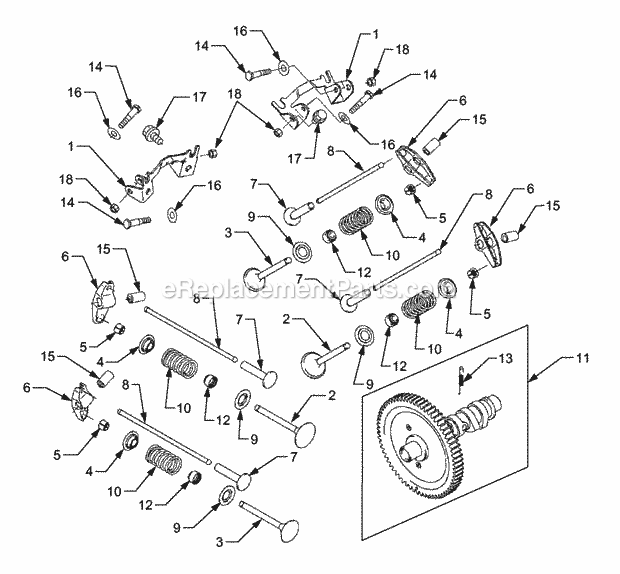 Valves And Camshaft Diagram and Parts List for 5254E 54AE542-710, 54BE542-710, 54CE542-710 Cub Cadet Lawn Tractor